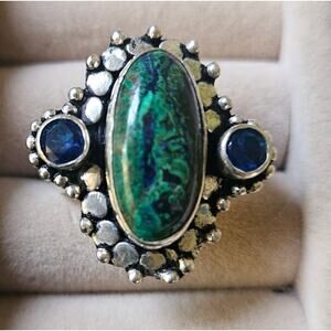 Azurite Malachite Blue Topaz 925 Boho Cocktail .925 Sterling Silver Ring Size 7